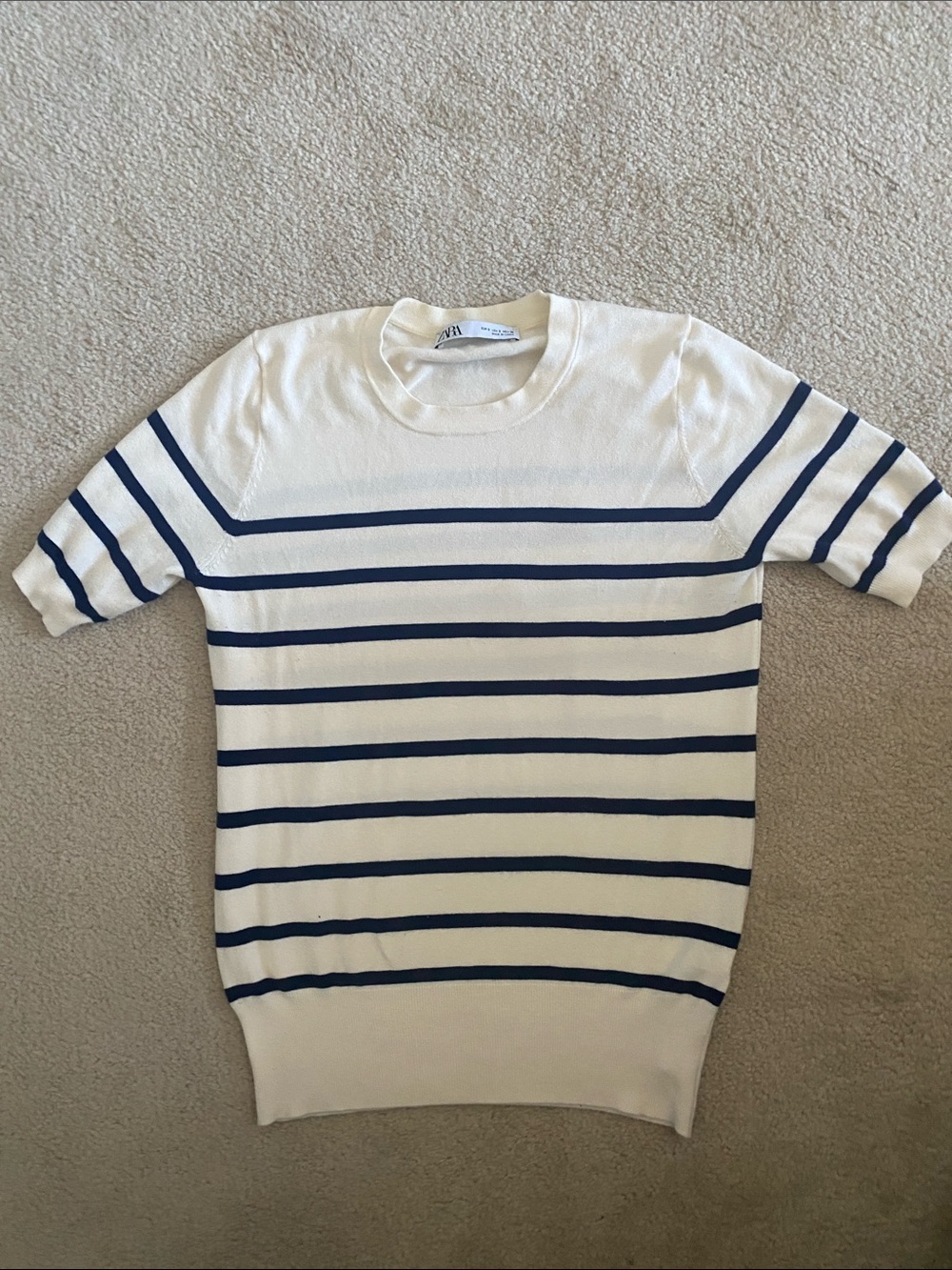 Zara Ecru Crewneck Sweater with Navy Blue Stripes